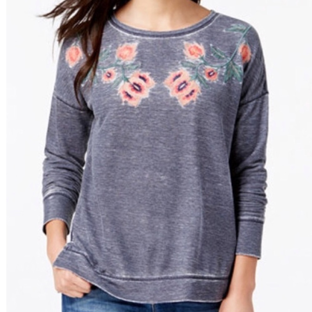 LUCKY BRAND Floral Embroidered Sweatshirt Pullover Knit Lightweight Blue Gray